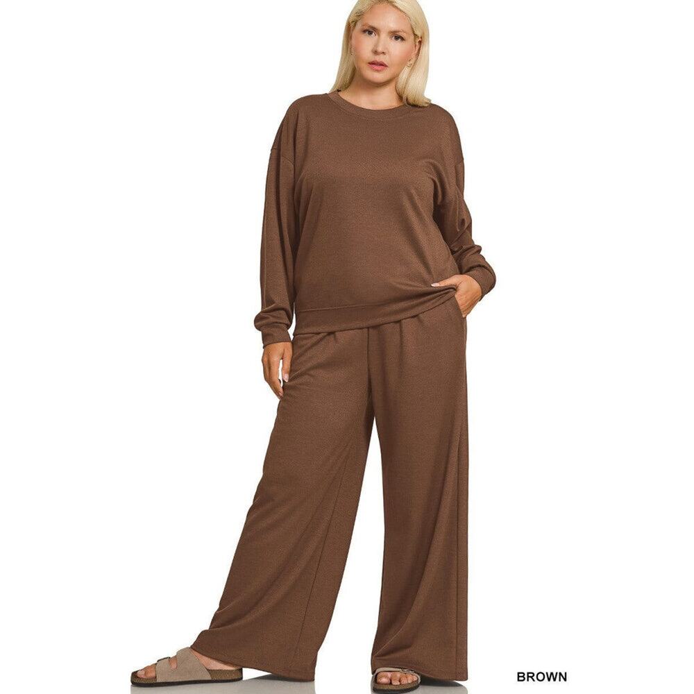 CH2 Brown Scuba Crewneck Pullover & Pant Set Plus